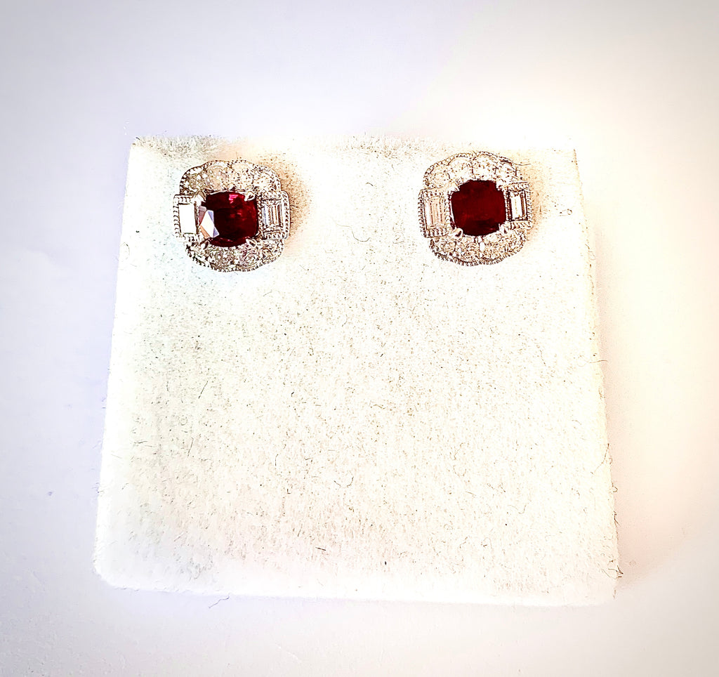 18CT WHITE GOLD RUBY AND DIAMOND STUD EARRINGS