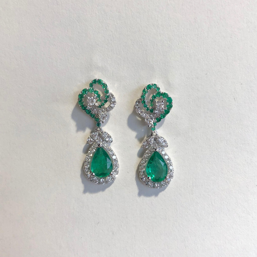18CT WHITE GOLD EMERALD AND DIAMOND DROP EARRINGS
