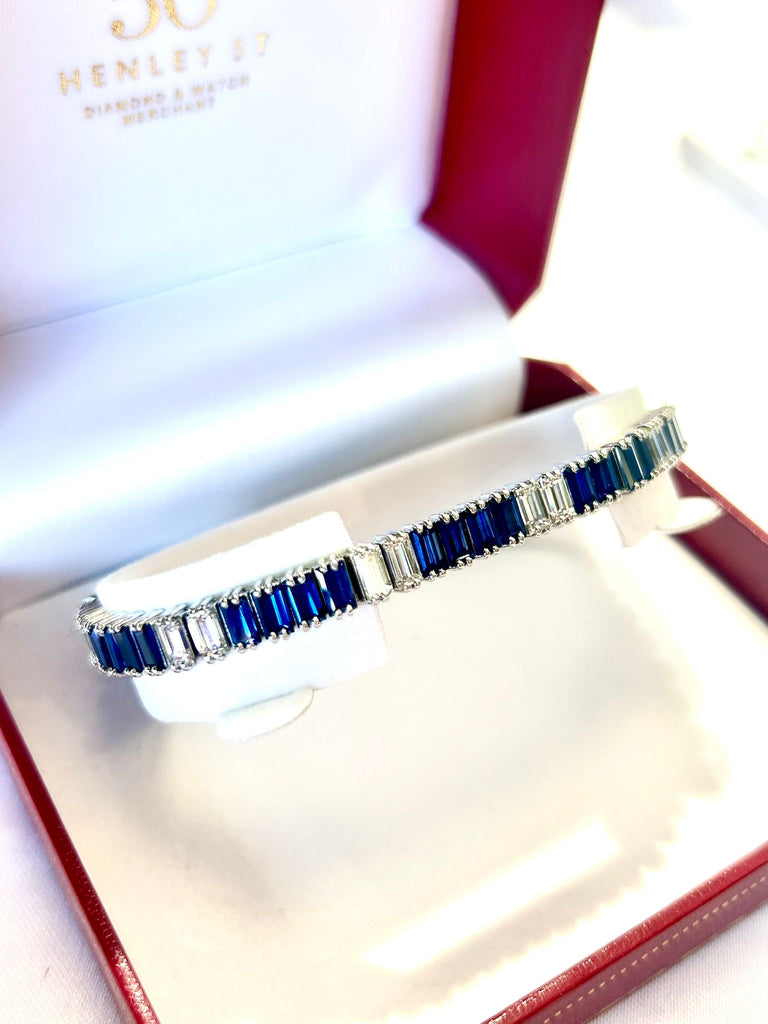 18CT WHITE GOLD SAPPHIRE AND BAGUETTE DIAMOND BRACELET