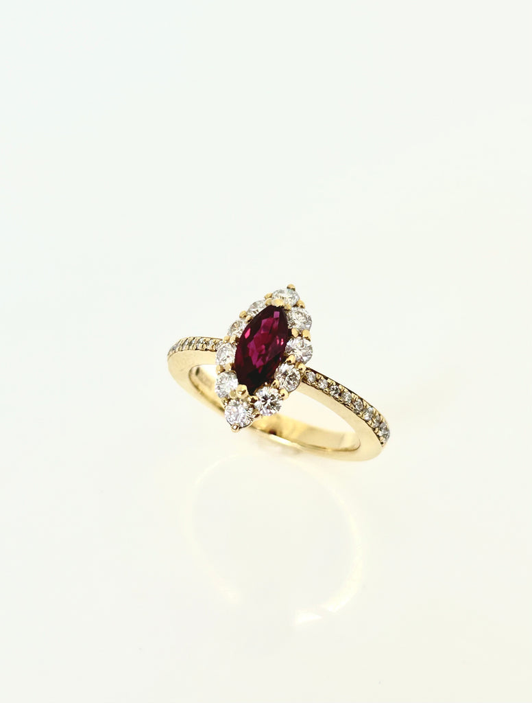 18CT DIAMOND 66PT AND RUBY 77PT HALO RING