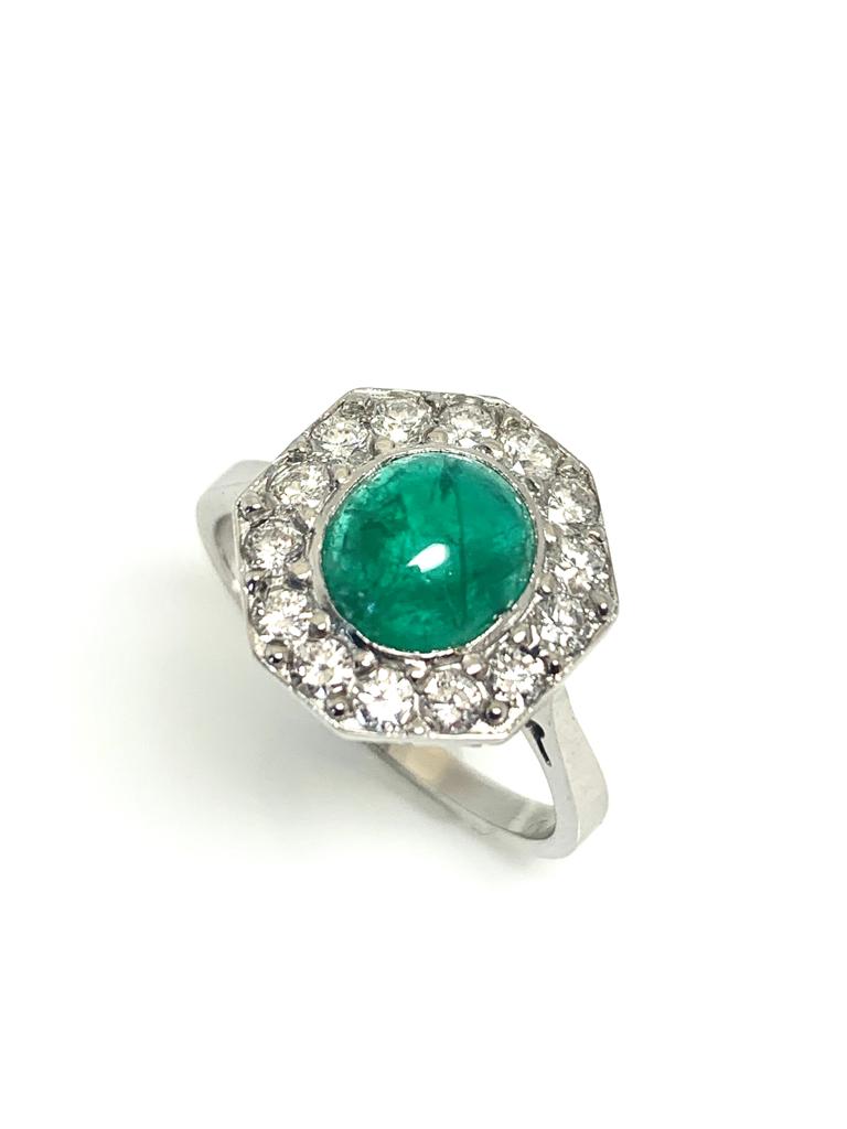 VINTAGE 2.50CT CABOCHON EMERALD AND DIAMOND RING