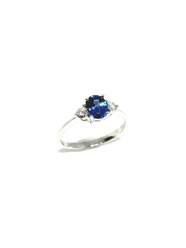 18CT WHITE GOLD 80PT SAPPHIRE AND 20PT DIAMOND TRILOGY RING