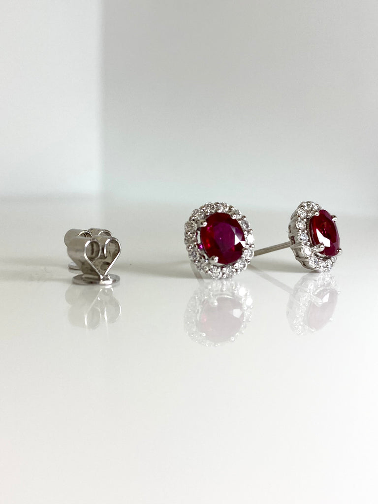 18CT WHITE GOLD RUBY AND DIAMOND CLUSTER STUD EARRINGS