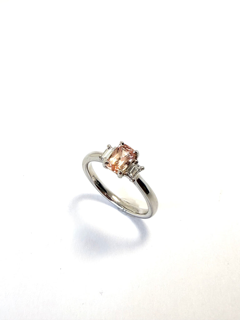 PLATINUM 80PT PEACH SAPPHIRE WITH 18PT DIAMOND RING