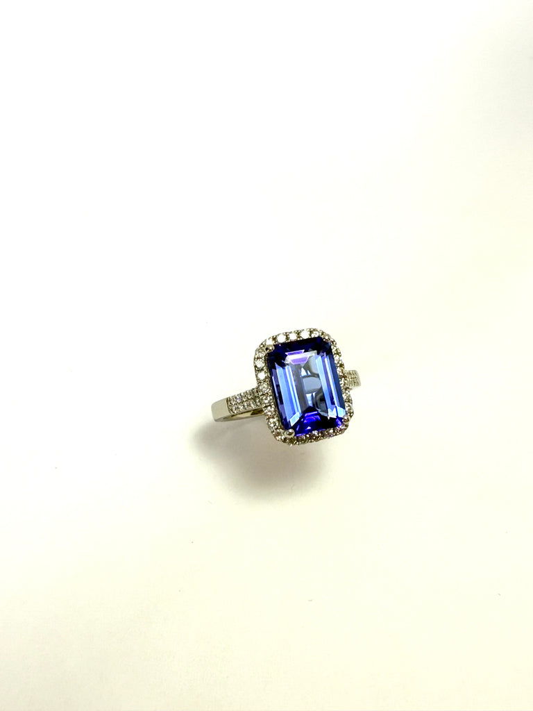 PLATINUM 4.00CT TANZANITE DIAMOND HALO RING
