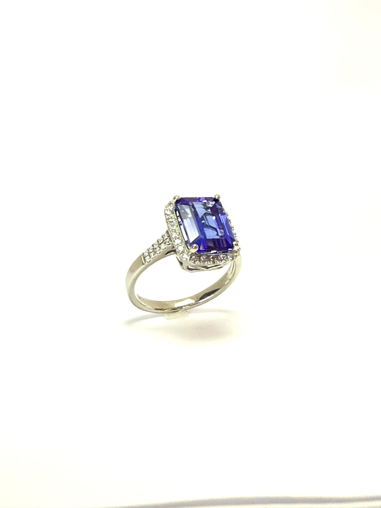 PLATINUM 4.00CT TANZANITE DIAMOND HALO RING