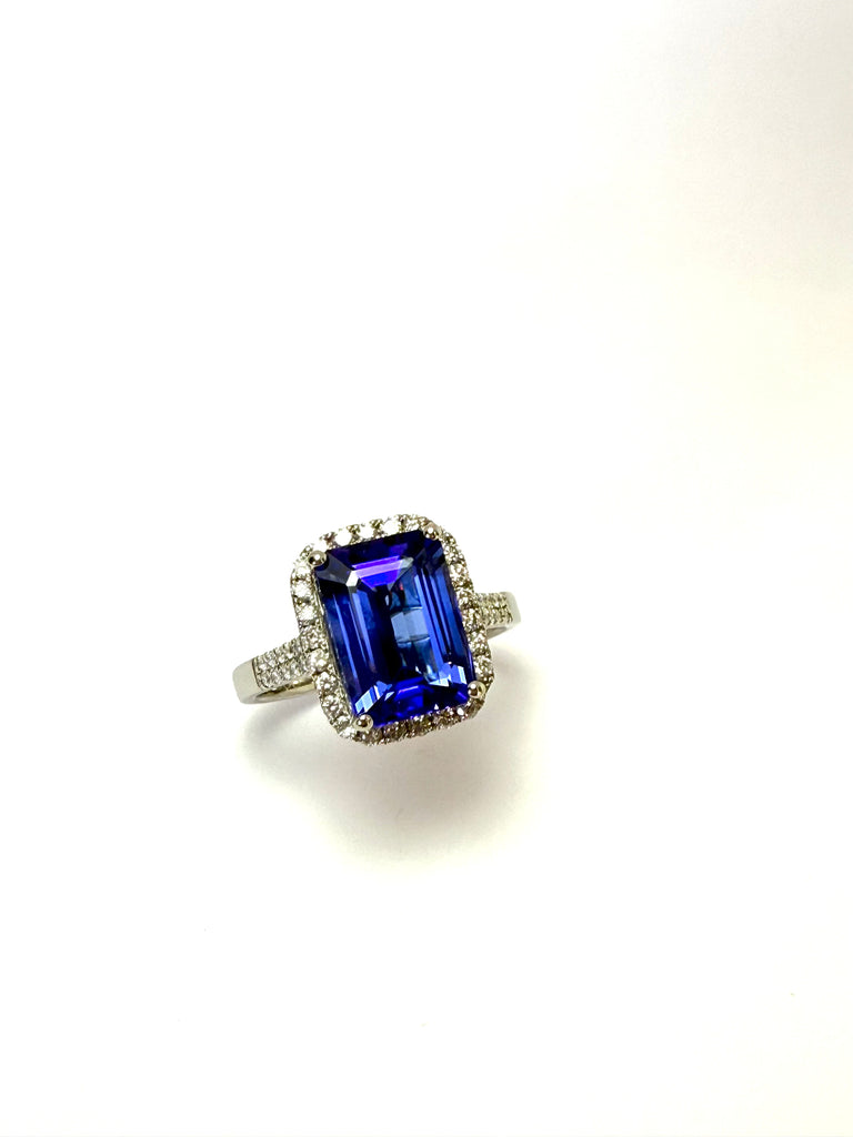 PLATINUM 4.00CT TANZANITE DIAMOND HALO RING