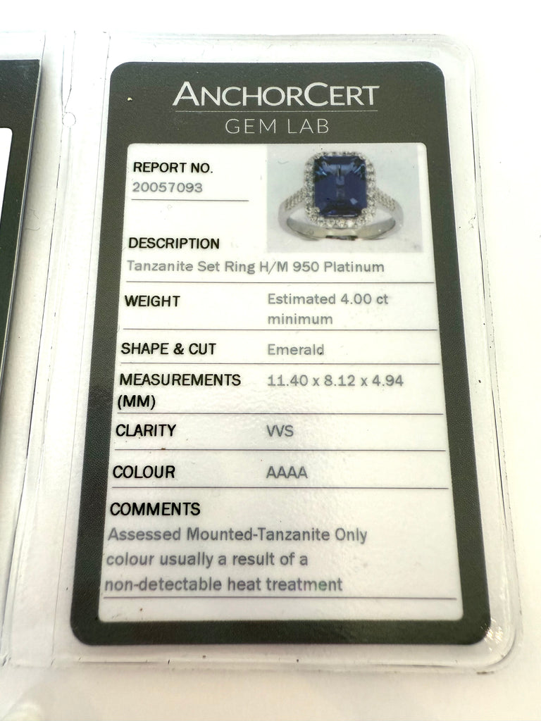 PLATINUM 4.00CT TANZANITE DIAMOND HALO RING