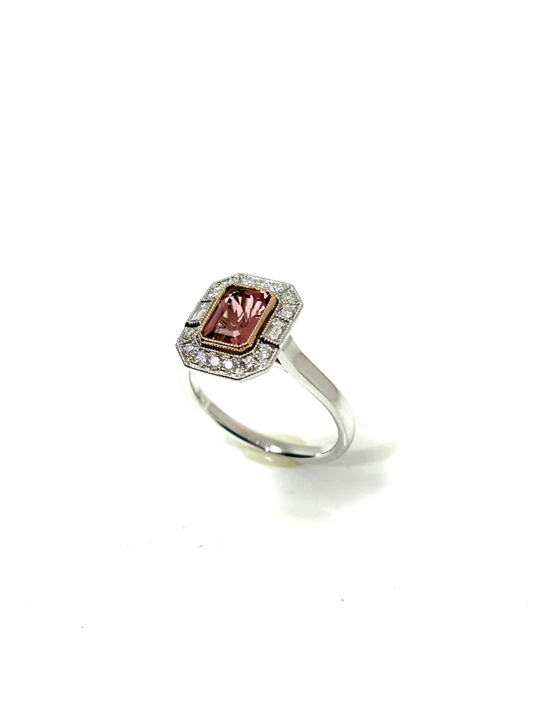 18CT WHITE GOLD 1.07CT PEACH TOURMALINE AND DIAMOND RING