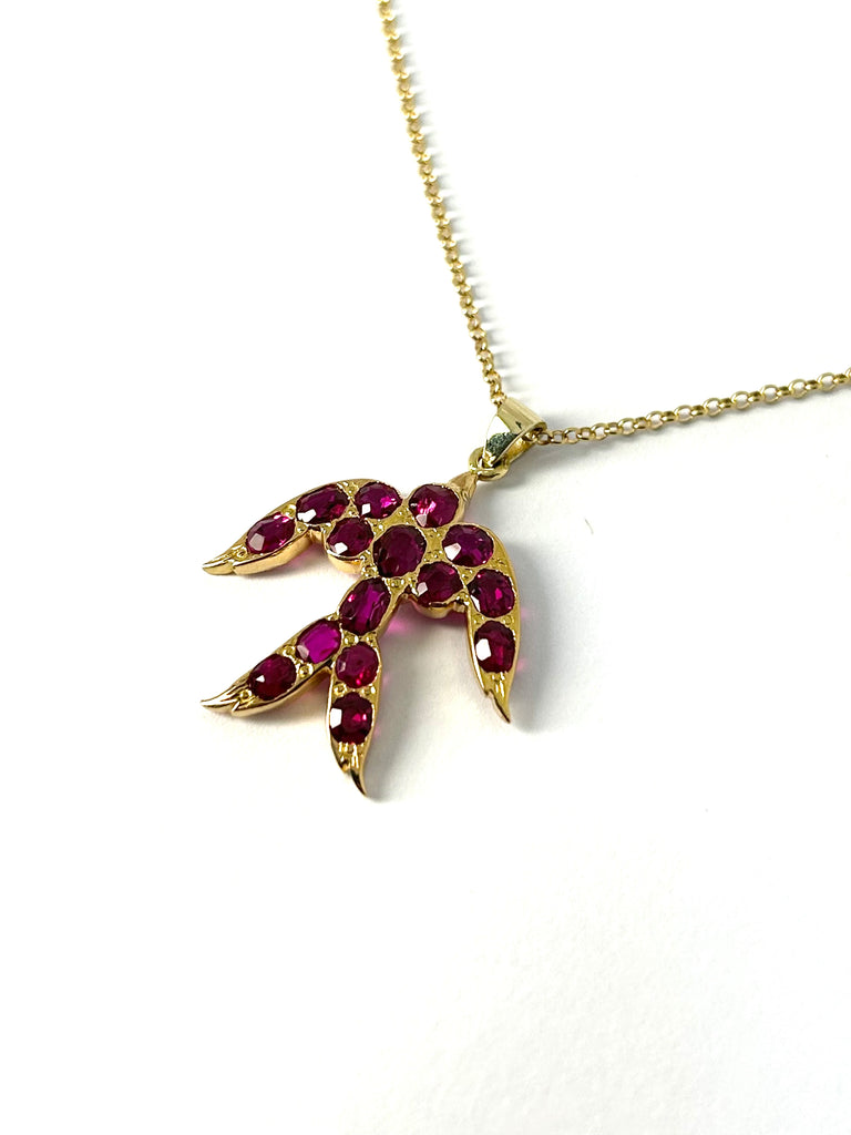 VINTAGE HAND MADE NATURAL RUBY AND DIAMOND SWALLOW PENDANT
