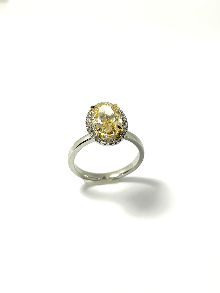 PLATINUM OVAL 3CT YELLOW LAB GROWN HALO DIAMOND RING