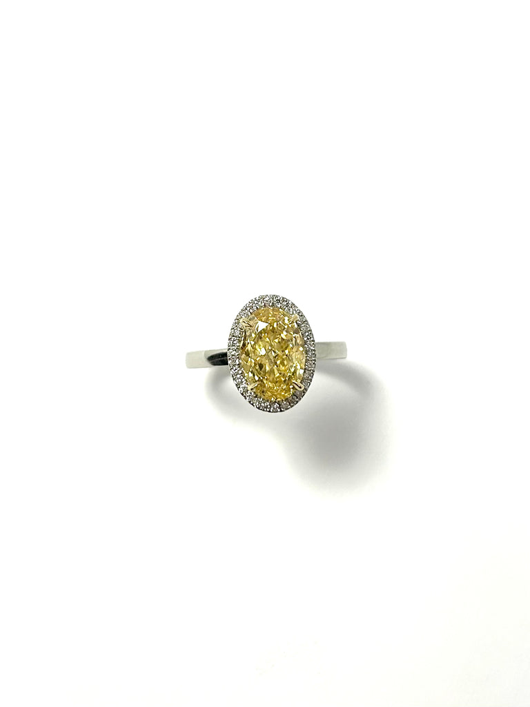 PLATINUM OVAL 3CT YELLOW LAB GROWN HALO DIAMOND RING