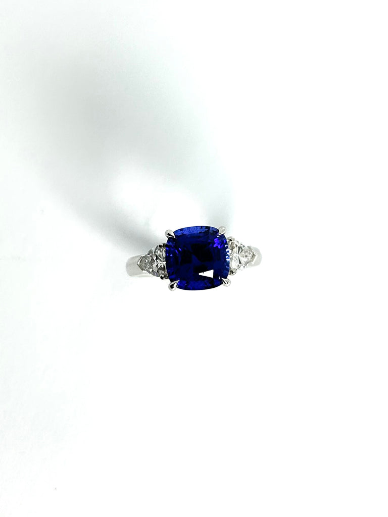 PLATINUM LAB GROWN 4.32CT SAPPHIRE AND DIAMOND TRILOGY RING