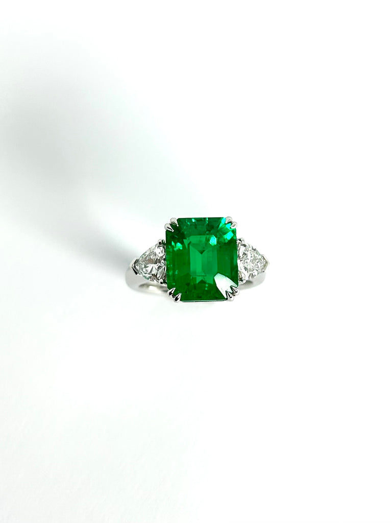 PLATINUM LAB GROWN 5.01CT EMERALD AND DIAMOND TRILOGY RING