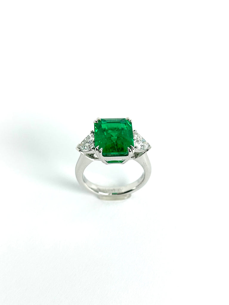 PLATINUM LAB GROWN 5.01CT EMERALD AND DIAMOND TRILOGY RING