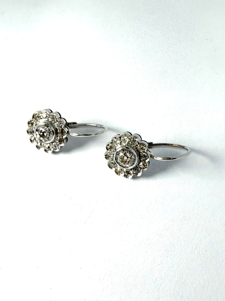 18CT 1.50CT ANTIQUE OLD CUT DIAMOND DAISY CLUSTER DROPPERS