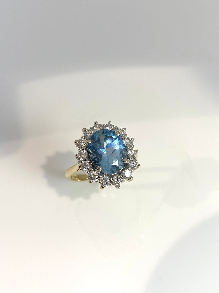 18CT AQUA AND DIAMOND CLUSTER RING