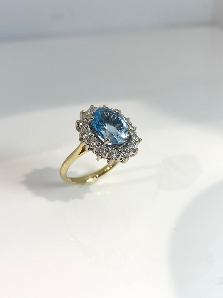 18CT AQUA AND DIAMOND CLUSTER RING