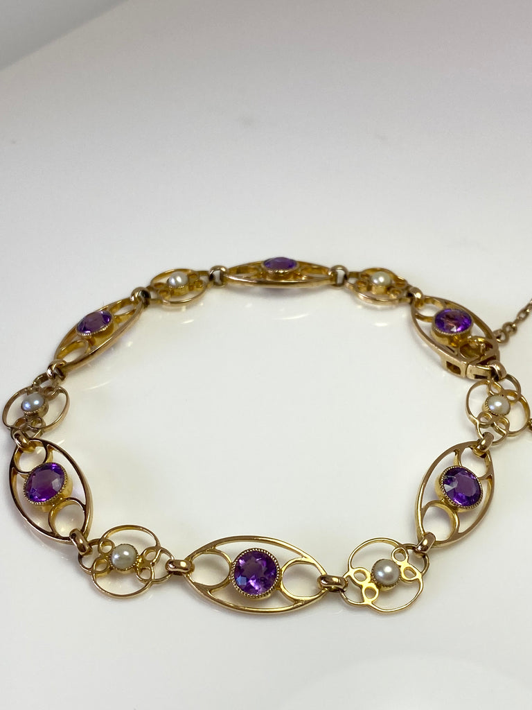 VINTAGE 9CT AMETHYST AND PEARL BRACELET