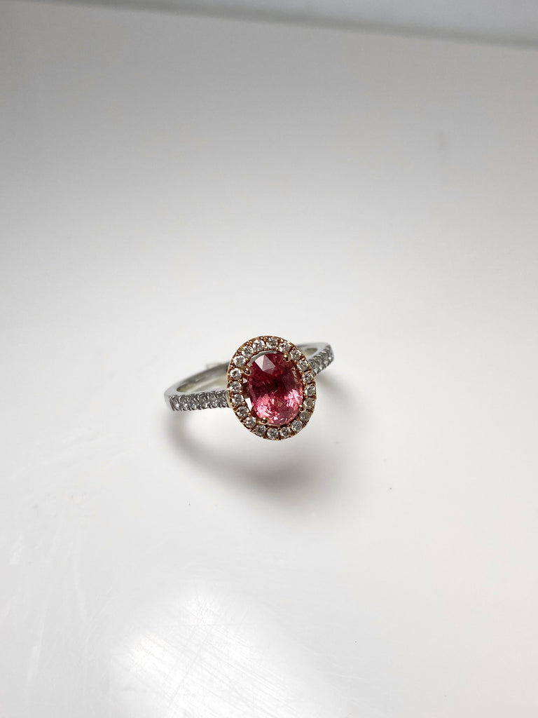 PADPARADSCHA 1.67CT SAPPHIRE AND DIAMOND HALO RING