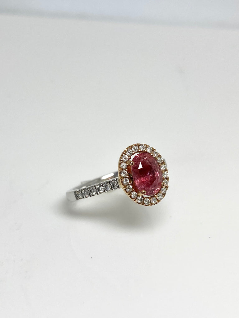 PADPARADSCHA 1.67CT SAPPHIRE AND DIAMOND HALO RING
