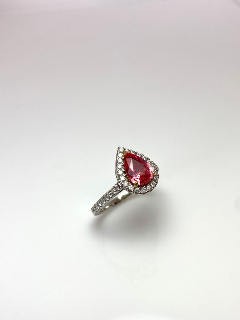 PLATINUM 1.21CT PEAR SHAPED PADPARADSCHA SAPPHIRE DIAMOND HALO RING