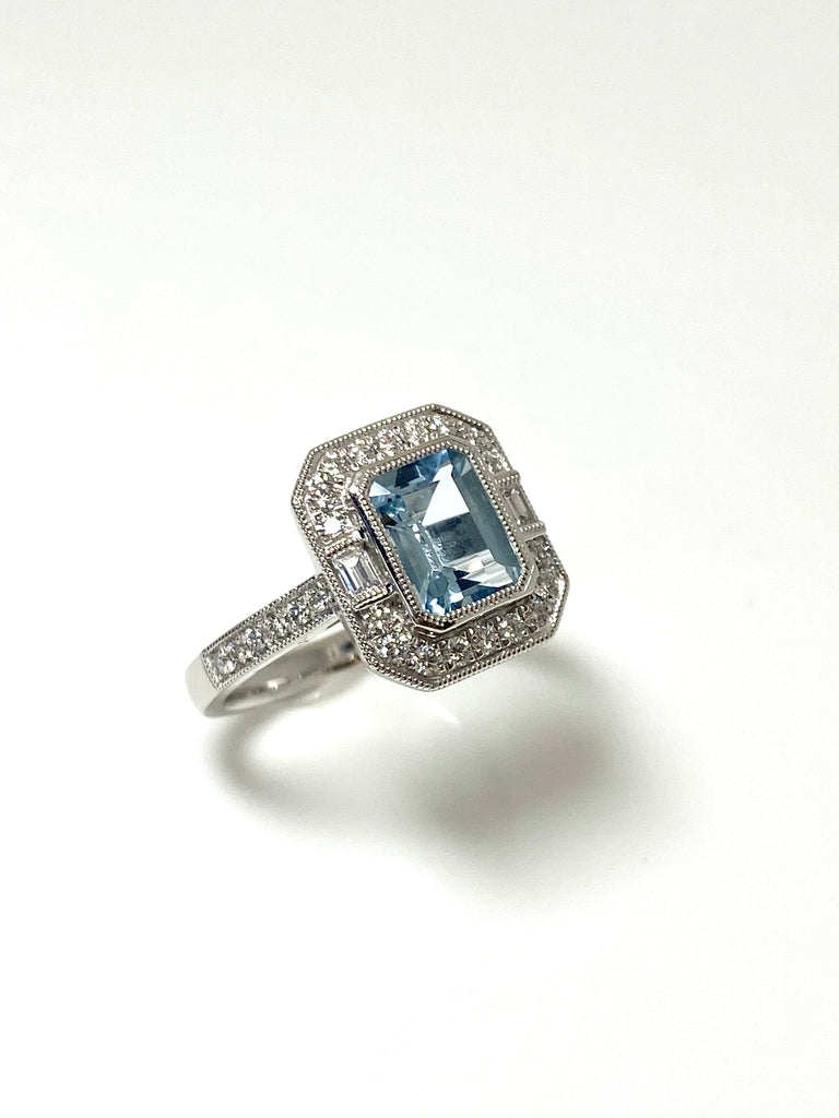 PLATINUM 1.40CT AQUAMARINE AND 41PT DIAMOND VINTAGE STYLE RING
