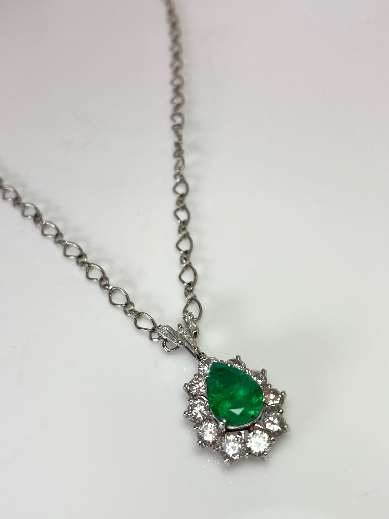 PLATINUM 1.98CT PEAR COLUMBIAN EMERALD AND  DIAMOND CLUSTER PENDANT