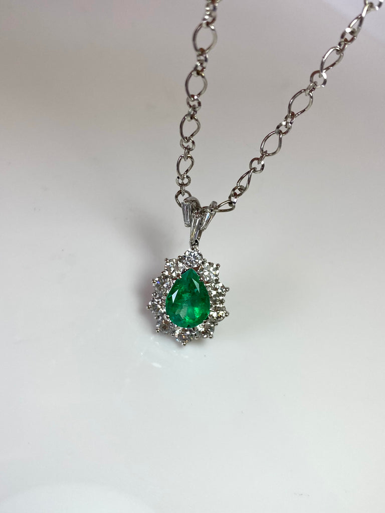 PLATINUM 1.98CT PEAR COLUMBIAN EMERALD AND  DIAMOND CLUSTER PENDANT