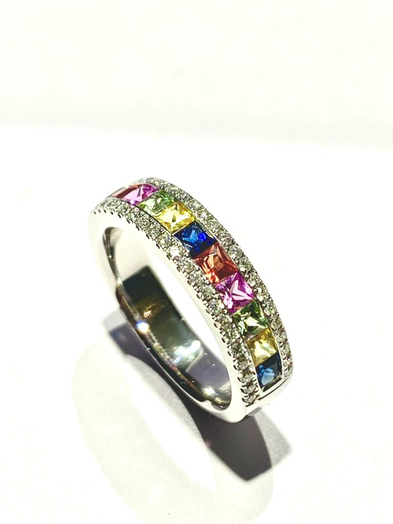 18K WHITE GOLD MULTI SAPPHIRE AND DIAMOND RING