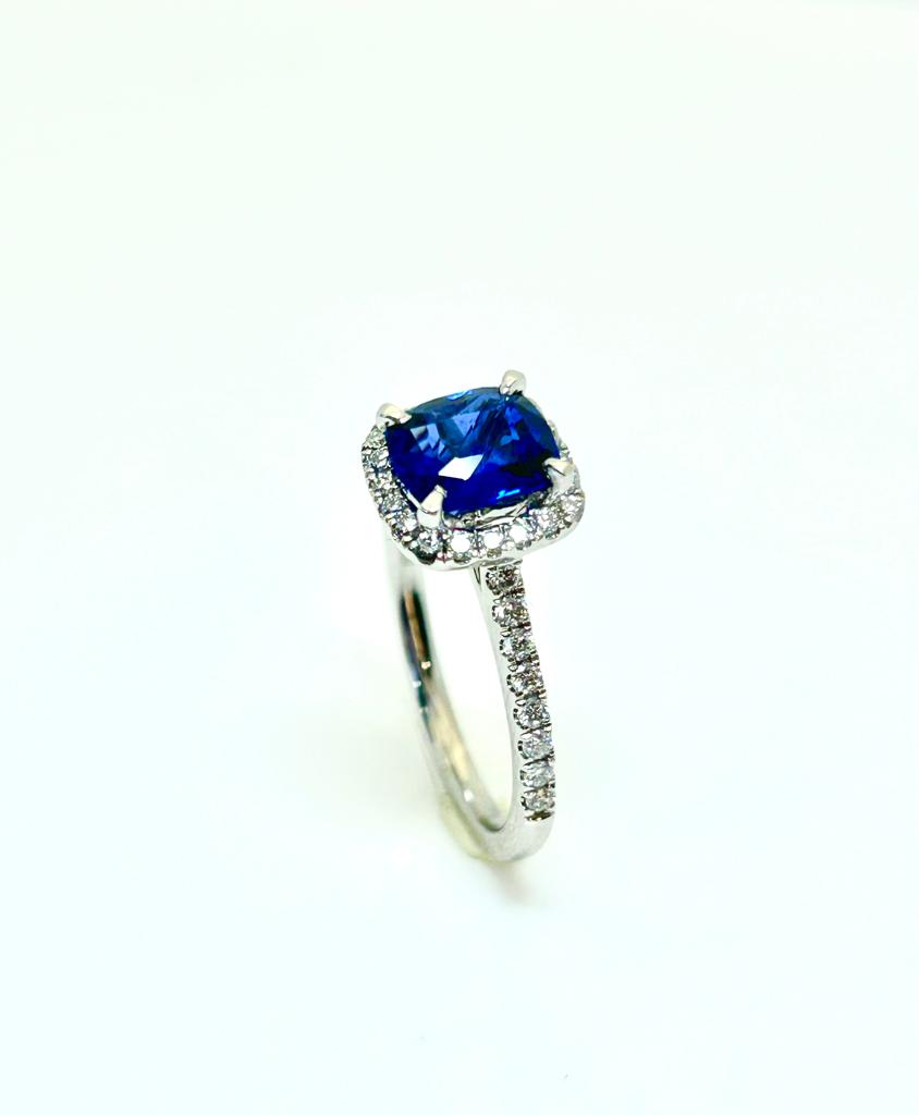PLATINUM CUSHION CUT 1.35CT SAPPHIRE AND 40PT DIAMOND RING