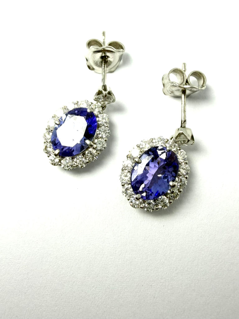 PLATINUM 1.37CT TANZANITE AND DIAMOND CLUSTER DROP EARRINGS