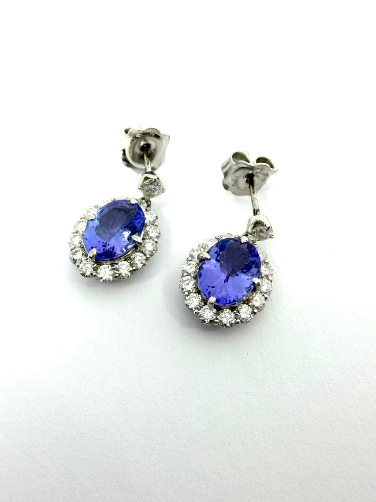 PLATINUM 1.37CT TANZANITE AND DIAMOND CLUSTER DROP EARRINGS