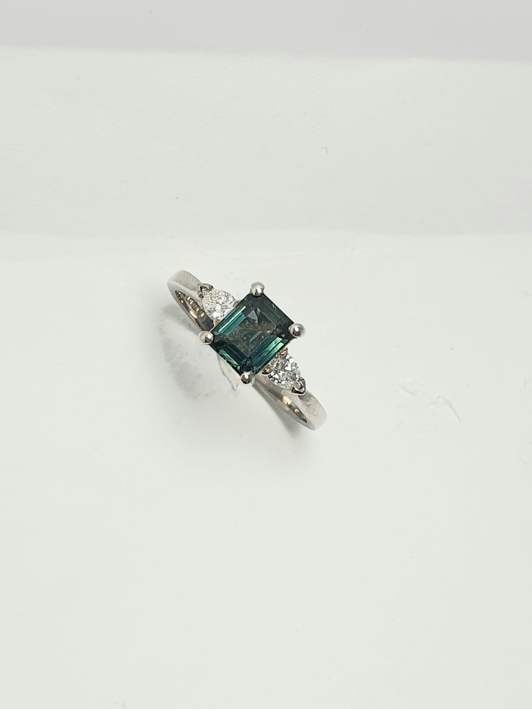 18CT WHITE GOLD  TEAL SAPPHIRE 1.17CT AND DIAMONDS 30PTS RING