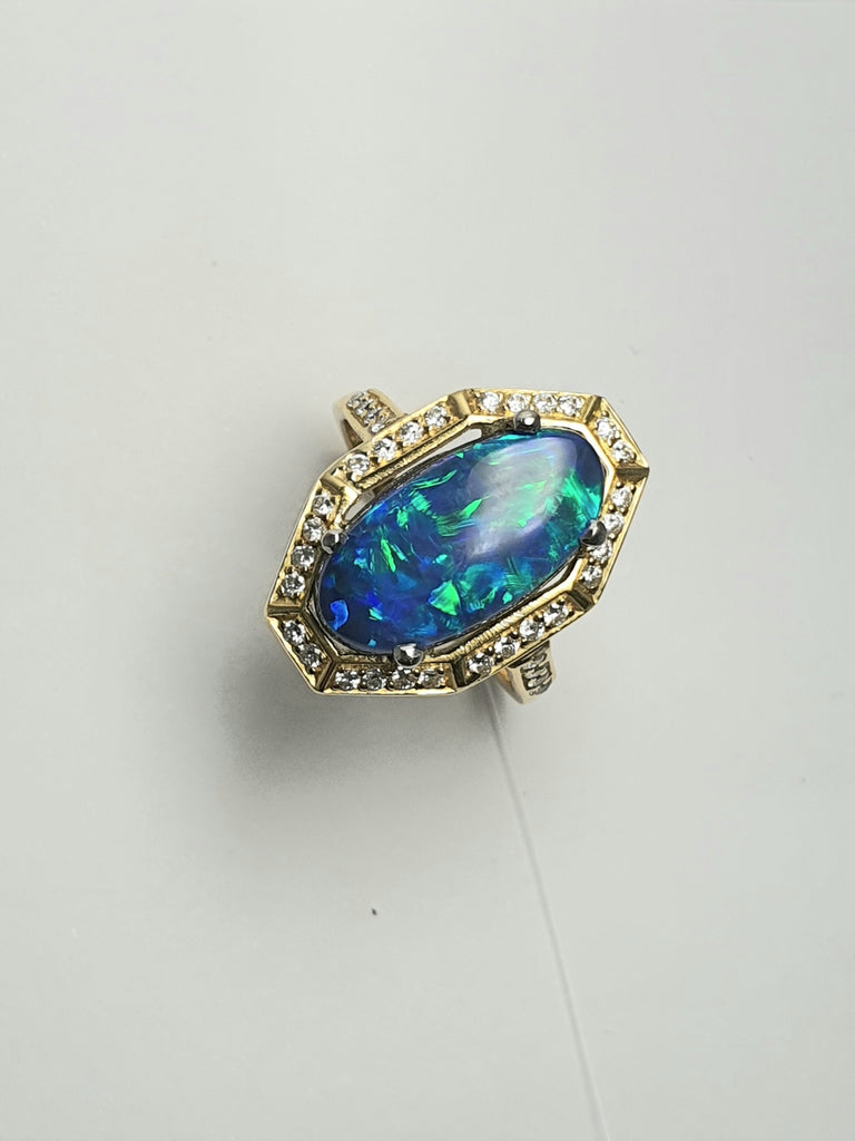 AUSTRALIAN LIGHTNING RIDGE BLACK OPAL AND DIAMOND RING