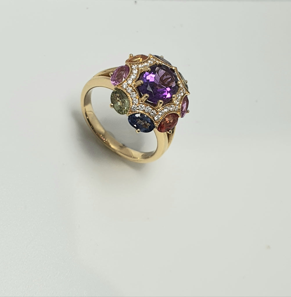 18CT YELLOW GOLD AMETHYST , MIXED SAPPHIRES AND DIAMOND