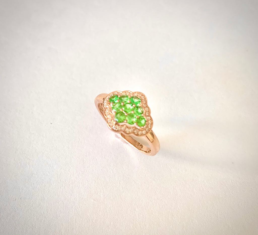 18CT ROSE GOLD GREEN GARNET AND DIAMOND RING