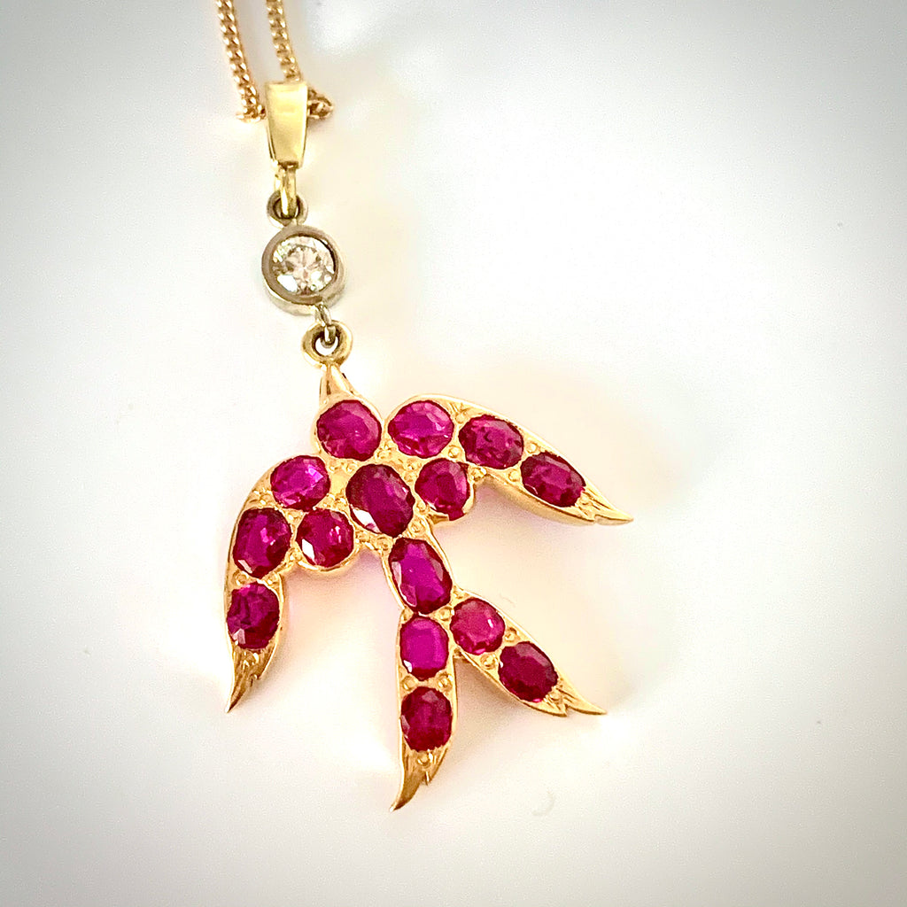 VINTAGE HAND MADE NATURAL RUBY AND DIAMOND SWALLOW PENDANT