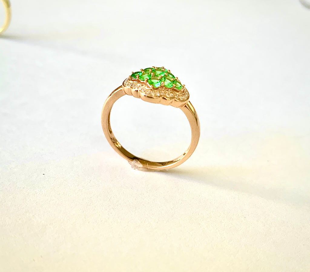 18CT ROSE GOLD GREEN GARNET AND DIAMOND RING