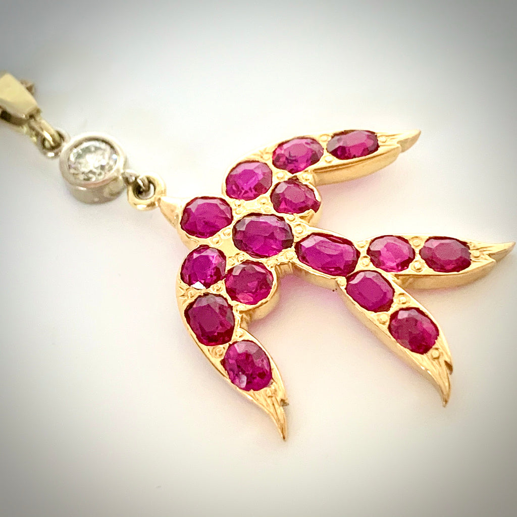 VINTAGE HAND MADE NATURAL RUBY AND DIAMOND SWALLOW PENDANT