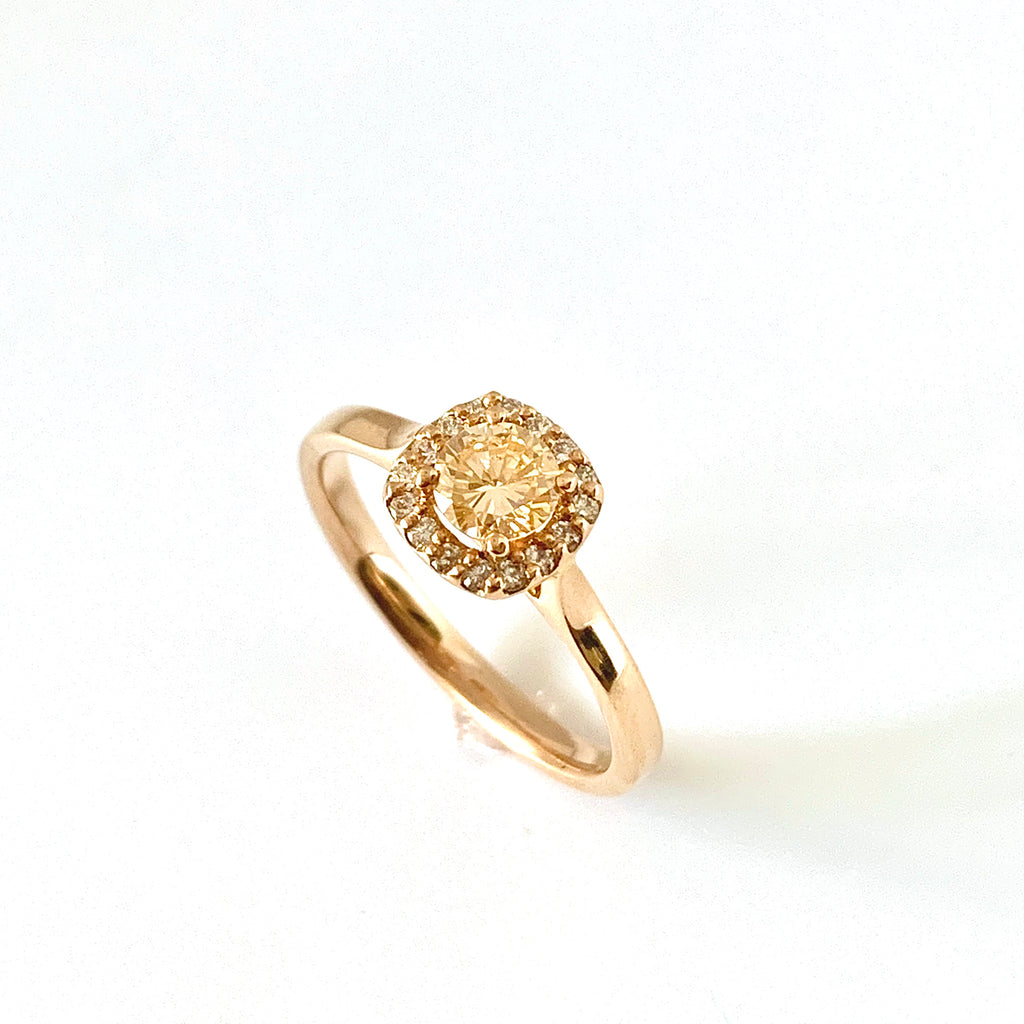 18CT ROSE GOLD NATURAL FANCY YELLOW-ORANGE DIAMOND HALO RING