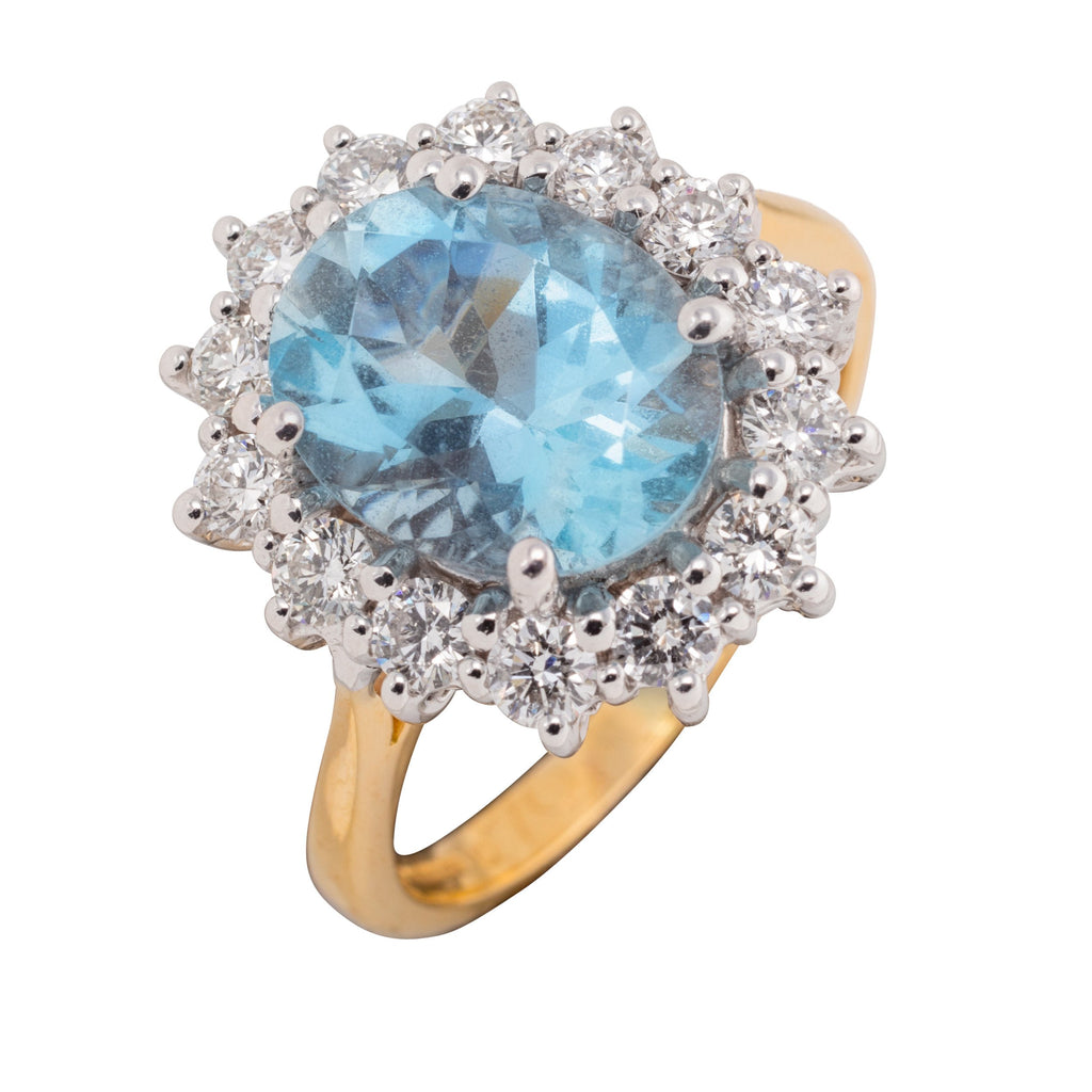 18CT AQUA AND DIAMOND CLUSTER RING