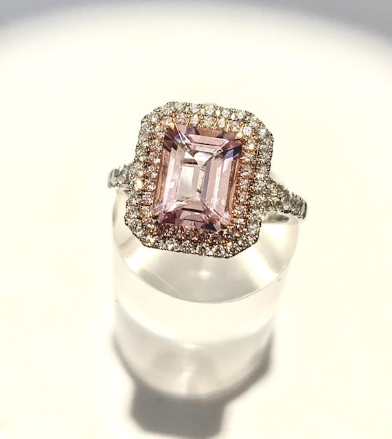 18CT MORGANITE AND PINK DIAMOND HALO  RING