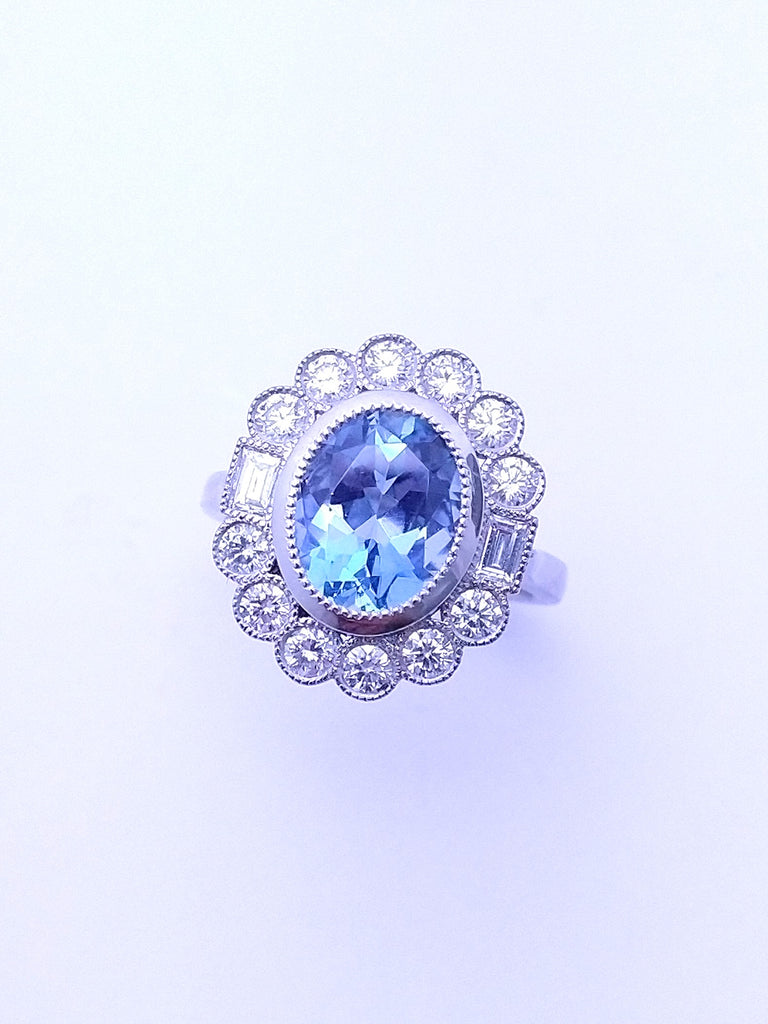 SANTA MARIA AQUAMARINE 2.33CT WITH DIAMOND HALO PLATINUM RING