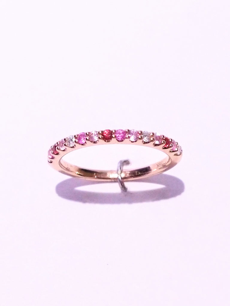 PINK AND ORANGE SAPPHIRES AND DIAMONDS IN 18K ROSE GOLD ETERNITY RING