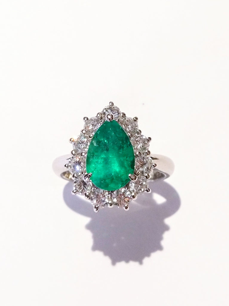 PEAR SHAPE EMERALD 1.88CT AND DIAMOND HALO IN PLATINUM RING