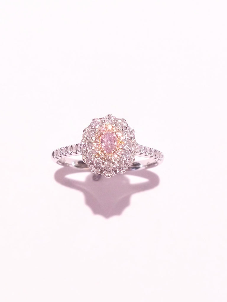 NATURAL FANCY PINK DIAMOND WITH WHITE DIAMONDS IN 18K WHITE GOLD RING