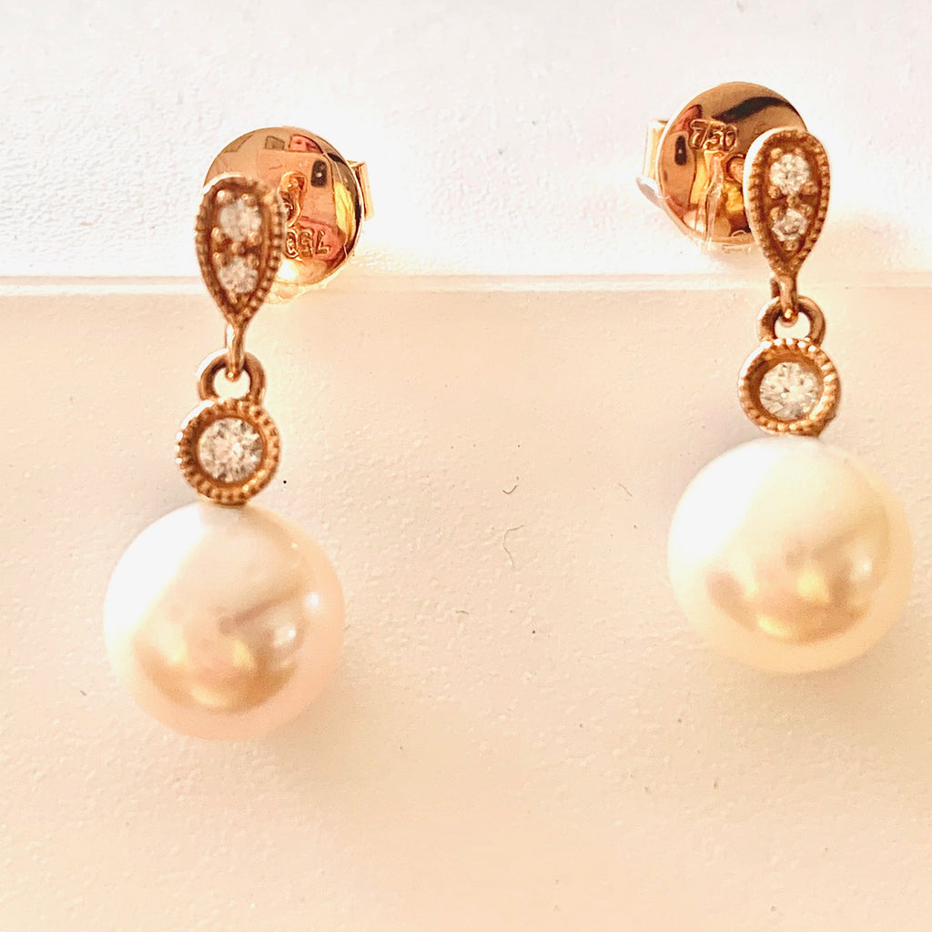 18CT ROSE GOLD CULTURED PEARL AND DIAMOND DROP EARRINGS
