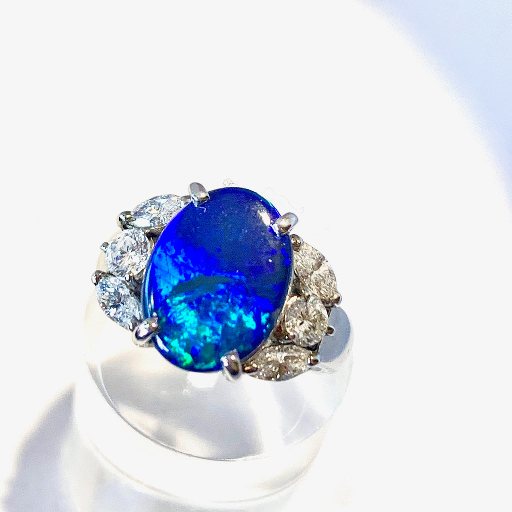 PLATINUM VINTAGE BLACK OPAL MARQUISE DIAMOND RING