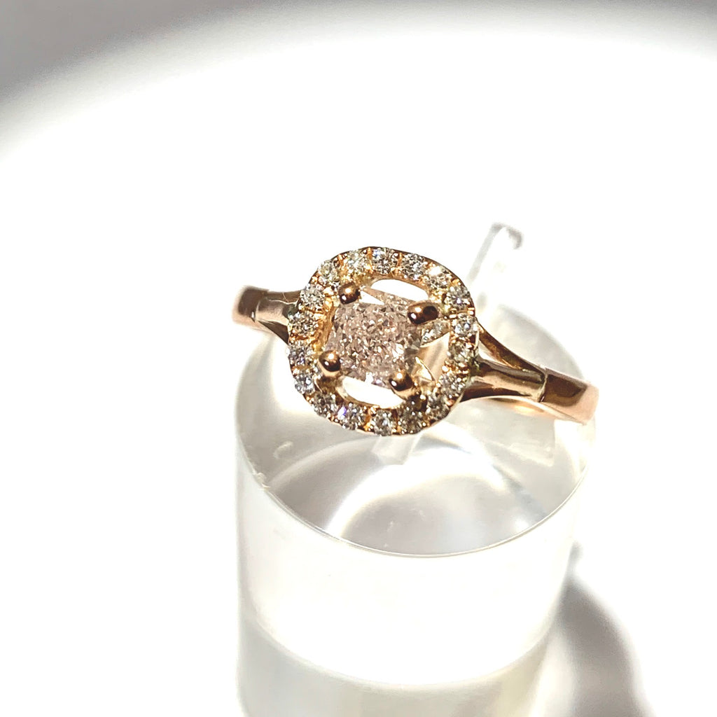 18CT ROSE GOLD HALO GIA CERTIFIED LIGHT PINK CUSHION DIAMOND RING